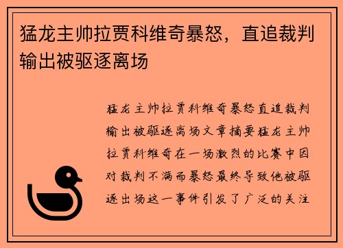 猛龙主帅拉贾科维奇暴怒，直追裁判输出被驱逐离场 